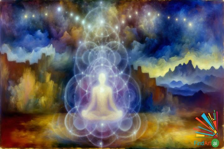Spiritual Sublime: Meditative Figure Merges with Cosmic Colors and Nature's Grandeur
