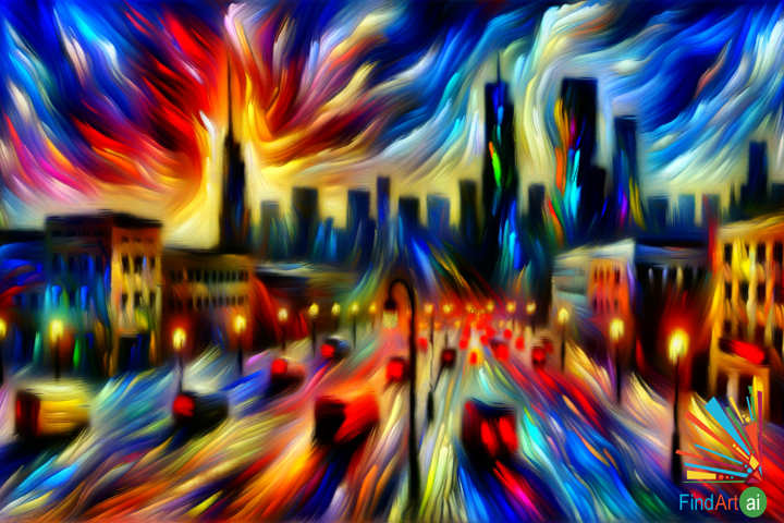 Vibrant Chaos: Expressionist Cityscape with Bold Skyscrapers and Neon Streets