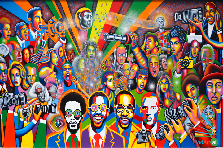 Pop Art Canvas: A Bold Collage of Global Icons and Media Frenzy in Vibrant Colors