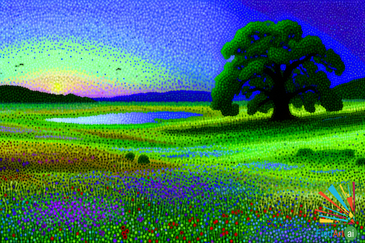 Whispers of Dawn: A Pointillist Landscape Capturing a Serene Morning Scene