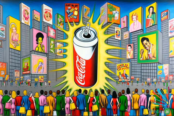 Pop Art Canvas: Colossal Soda Can Pours Logos Amid Neon Skyscrapers & Vintage Billboards