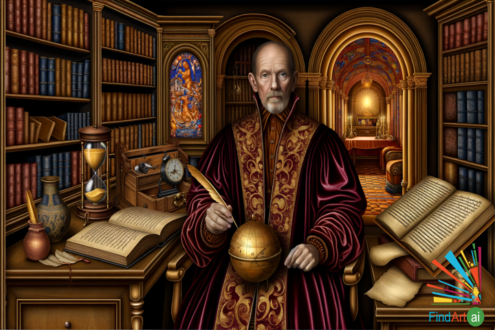 Renaissance Painting Celebrates Humanism: Scholar Amidst Books & Globe in Rich Study