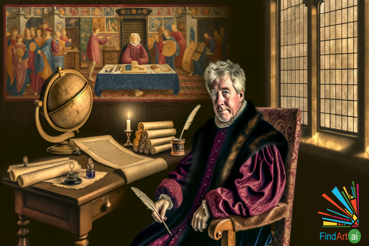 Renaissance Spirit: A Scholar's Thoughtful Gaze in a Richly Adorned Study