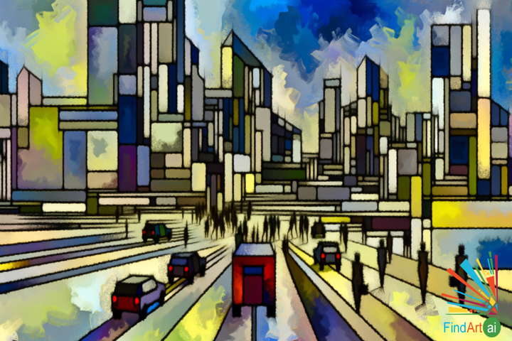 Modern Metropolis: Cubist Cityscape with Geometric Shapes and Fragmented Perspectives
