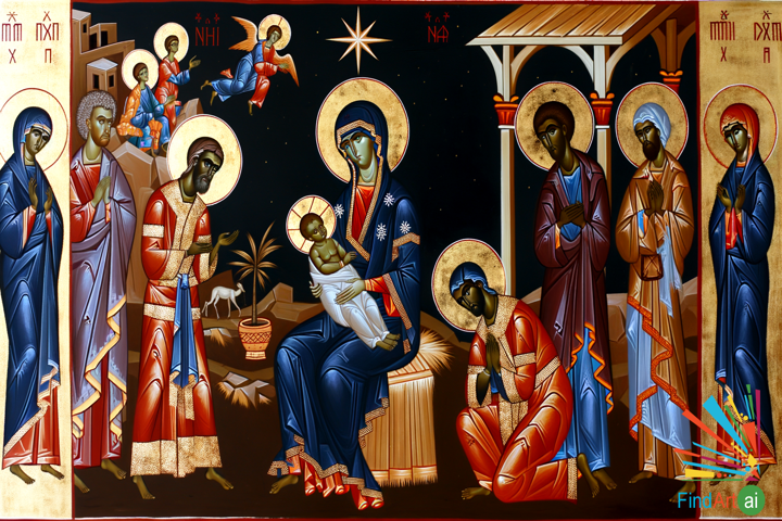 Orthodox Icon: Magi's Adoration of Newborn Jesus in Rich Sacred Hues