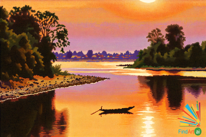Dancing Light on Serene Waters: A Tranquil Golden Hour Riverscape in Pointillism