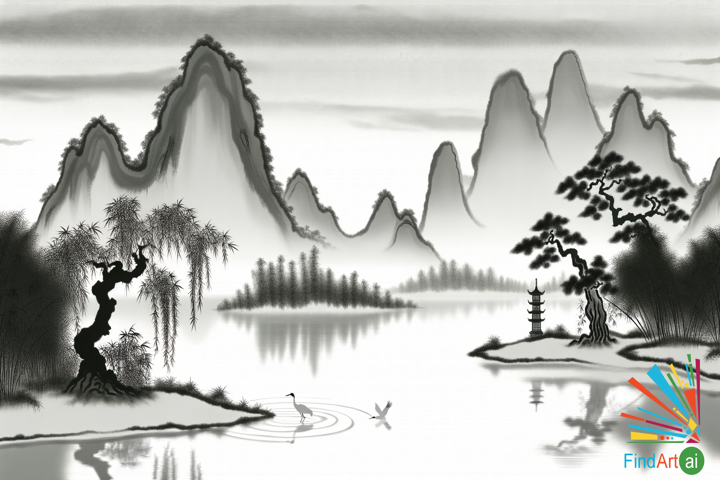 Whispers of Tranquility: Serene Chinese Ink Landscape with River, Mountains, and Cranes
