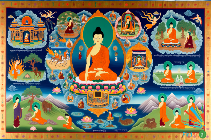 Journey to Enlightenment: A Thangka of Buddha's Life in Vivid Colors and Symbolic Motifs