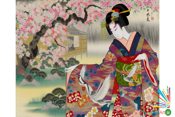 Elegance in Motion: Edo-Period Beauty in a Serene Ukiyo-e Painting of a Geisha in Nature