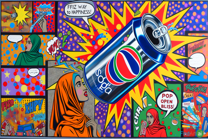Pop Art Canvas: Stylized Soda Can & Catchy Slogans Amidst Vintage Ad Backdrop