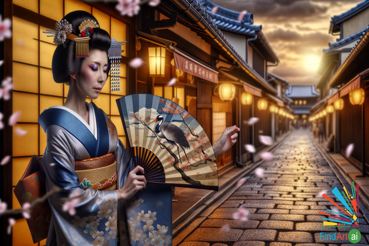 Edo Sunset: Timeless Beauty in a Crane-Adorned Kimono and Kanzashi Accents