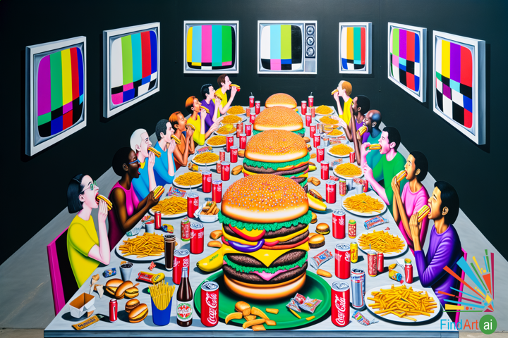 The Modern Feast: A Satirical Canvas on Consumer Culture and the Chaos of Modern Life