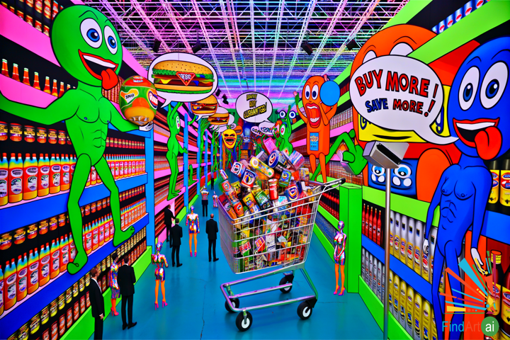 Consumer Kingdom: A Humorous Pop Art Critique of Oversized Parodies in a Lively Supermarket