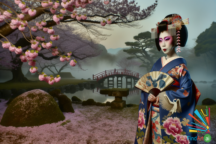 Ethereal Elegance: Geisha in Cherry Blossom Dawn, Ukiyo-e Beauty in a Serene Japanese Garden