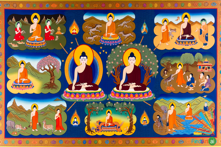Buddha's Journey: A Vibrant Thangka Depicting Siddhartha's Path to Enlightenment