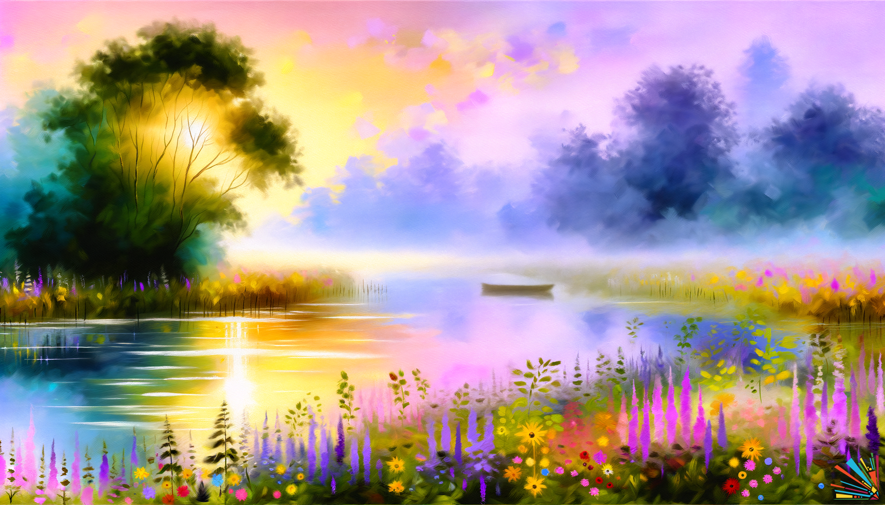Whispers of Dawn: A Serene Riverbank with Mist, Wildflowers, and Sunlit Patterns