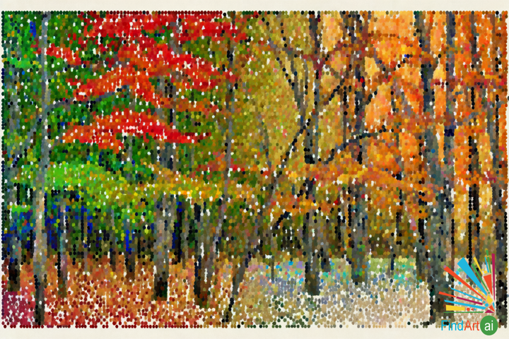 Symphony of Dots: A Forest's Seasonal Transformation in Pointillism
