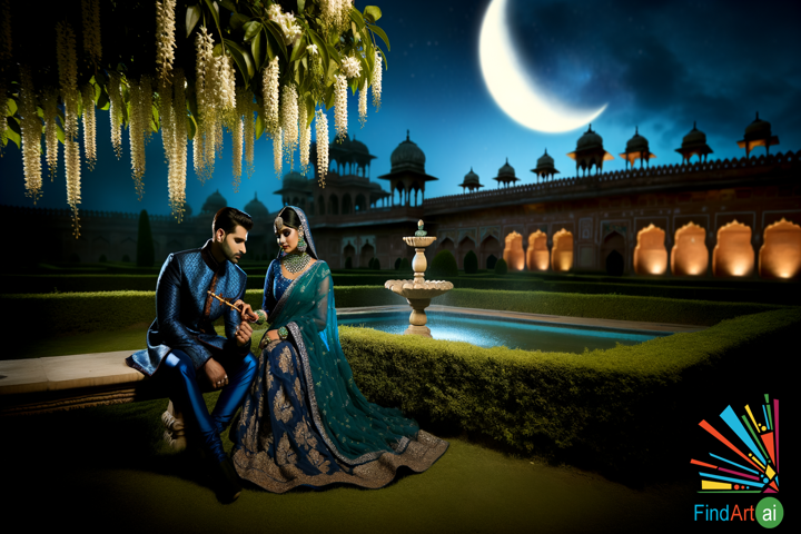 Whispers of Eternal Love: A Moonlit Romance in a Lush Mughal Garden