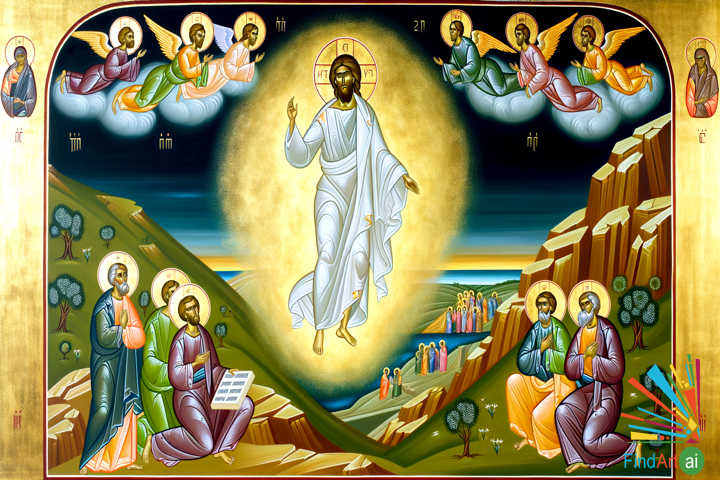 Orthodox Icon: Christ's Ascension with Angels and Apostles on the Mount of Olives