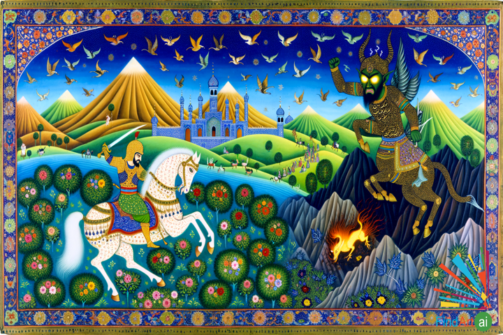 Rostam's Valor: Persian Miniature of Heroic Battle in Vibrant Landscape