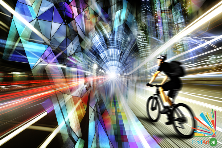 Futurist Painting: Cyclist Races Through Vibrant, Geometric Urban Landscape