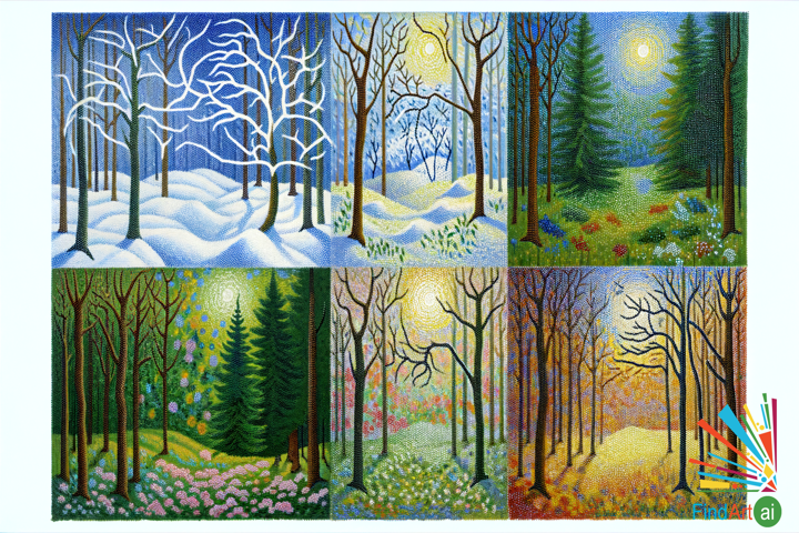 Seasons of the Forest: Pointillism's Dance of Nature's Rhythms in Four Seasonal Quadrants