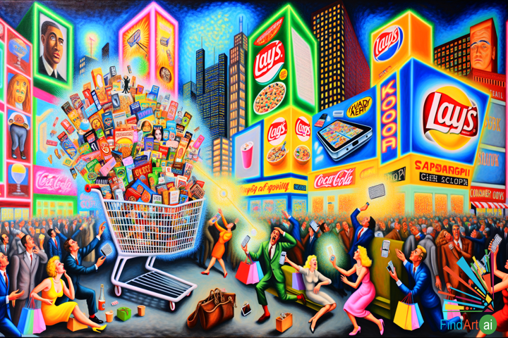 Pop Art Canvas: Vibrant Consumer Culture with Brands, Bold Colors, and Cityscape