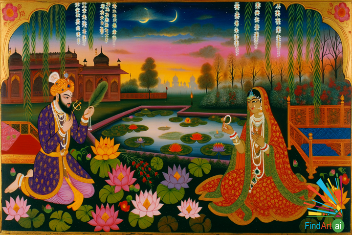Whispered Promises: A Romantic Twilight by the Lotus Pond in Indian Miniature Art
