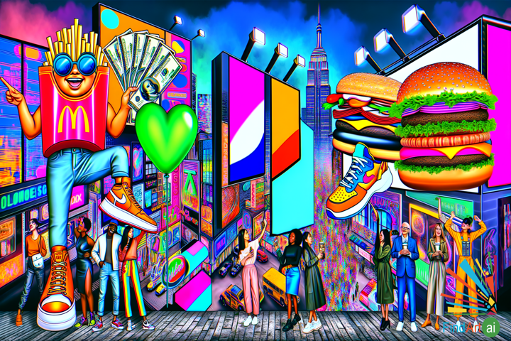 Whimsical Pop Art: A Cityscape Alive with Colors, Billboards, and Neon Signs