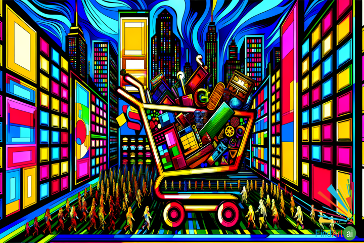 Pop Art Masterpiece: Urban Consumerism with Iconic Brands & Digital Influence in Bold Colors