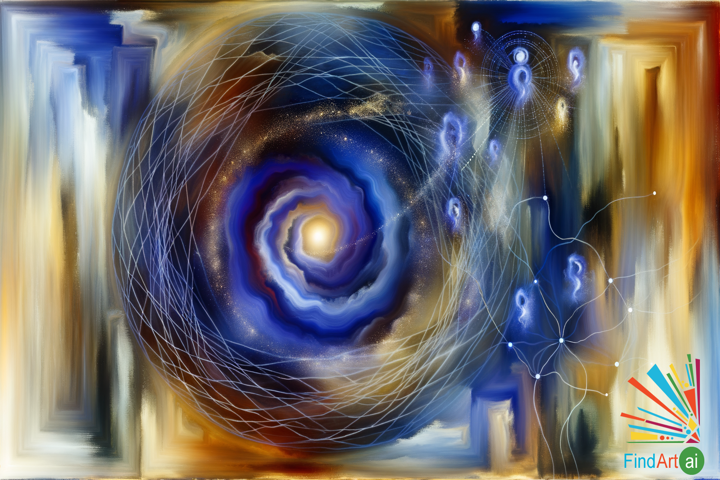 Boundless Canvas: A Vortex of Indigo, Gold, and Silver in Spiritual Transcendence