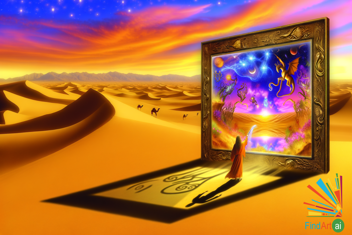 Ancient Mirror in Desert Reflects Enchanting Forest and Fantastical Creatures