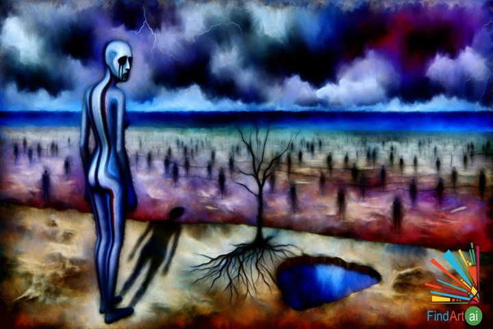Desolate Figure: Anguish Amidst a Stormy Sky of Blue, Purple, and Lightning