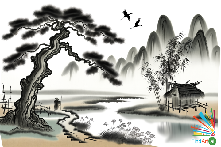 Tranquil Whispers: A Serene Landscape in Traditional Chinese Ink Art