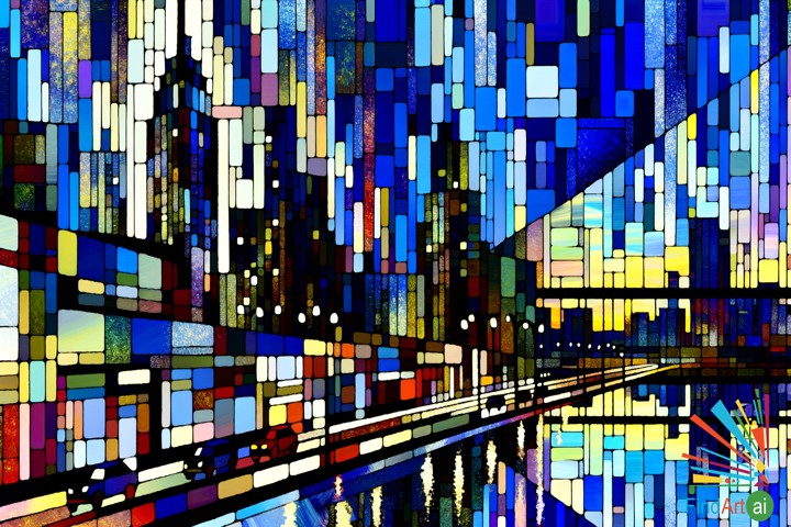 Urban Cubism: Abstract Cityscape of Geometric Forms and Vibrant Colors