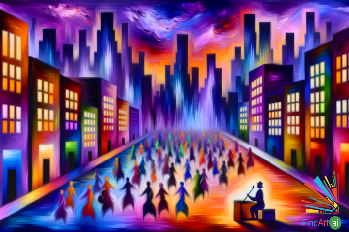 Expressionist Cityscape: Neon Nights and Skyscrapers with a Melodic Connection