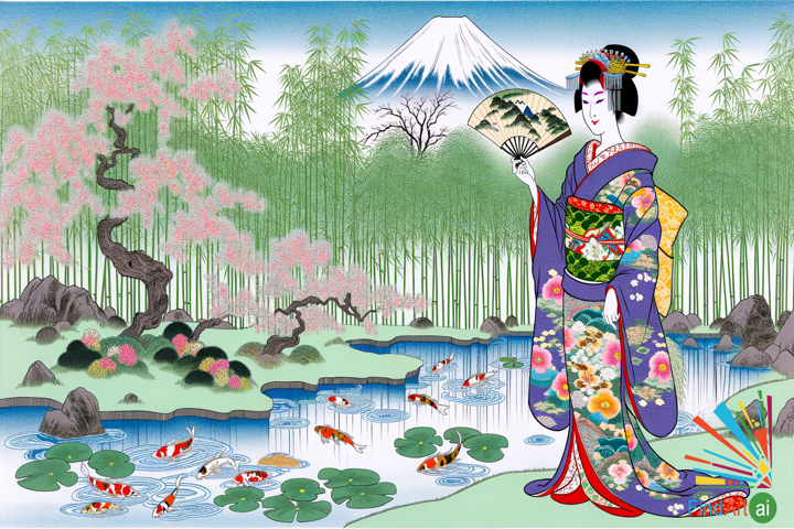 Elegance in the Floating World: A Geisha's Poised Beauty in an Edo Garden Ukiyo-e Scene