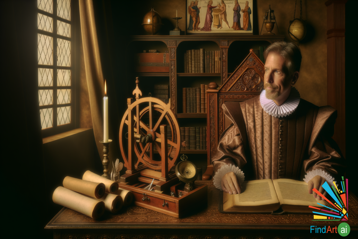 Renaissance Scholar: Illuminated Study Amid Dawn's First Light and Ancient Wisdom