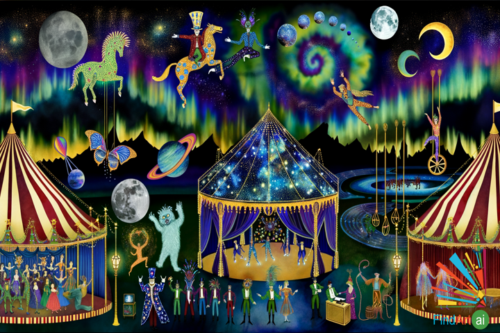 Cosmic Circus: A Surreal Spectacle of Fantasy and Absurdity Under the Starry Night