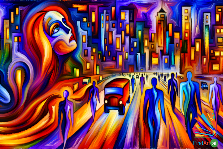 Vibrant Urban Life: Swirling Colors and Forms Capture Metropolis' Energy and Interconnection
