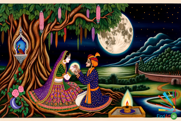 Ethereal Romance: Lovers' Secret Moonlit Meeting in Indian Miniature Art