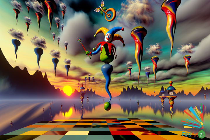 Surreal Jester: A Fantastical Dance on a Multicolored Chessboard