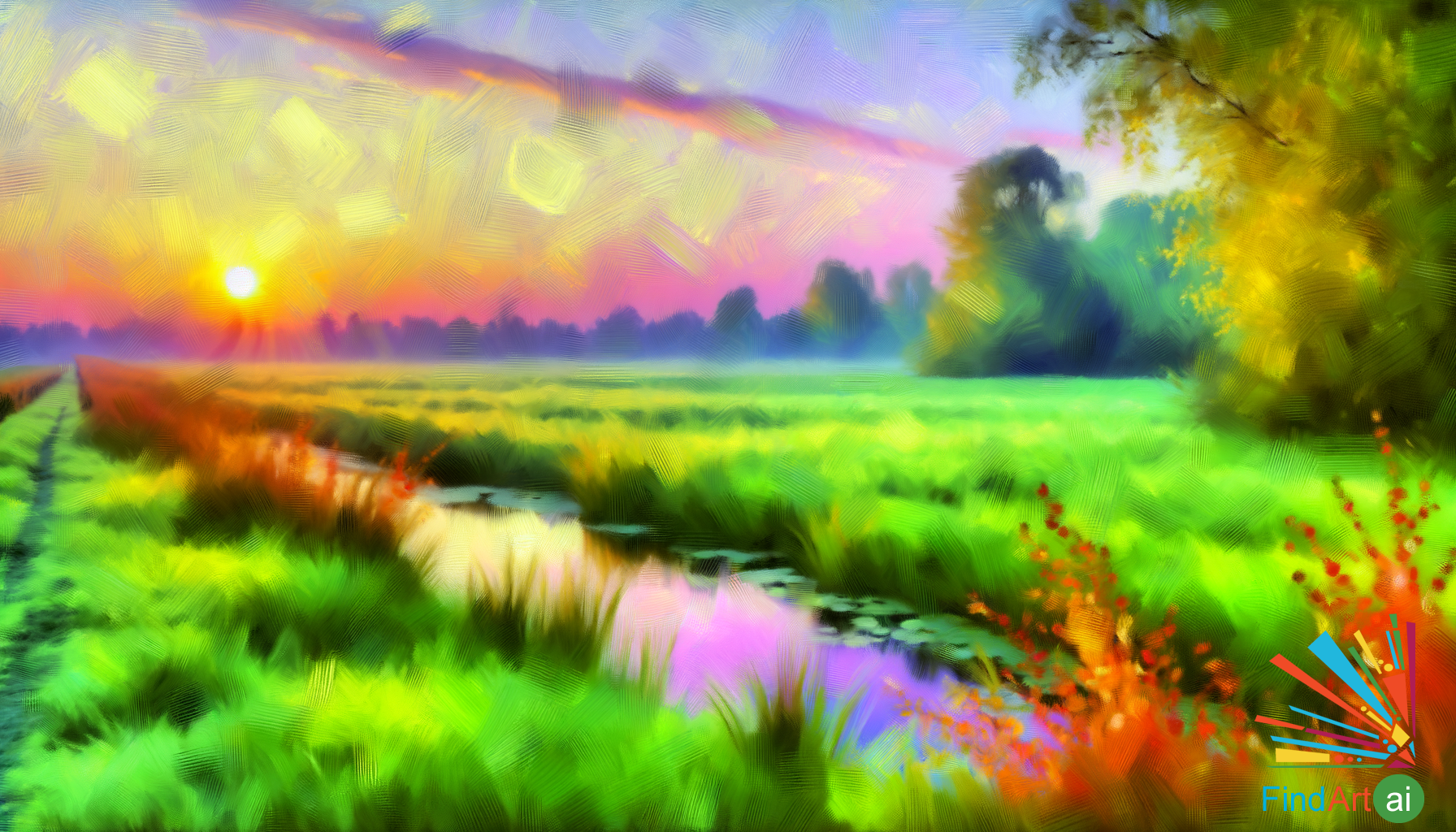 Whispers of the Morning Dew: A Serene Dawn Over a Lush Meadow in Pastel and Gold Hues