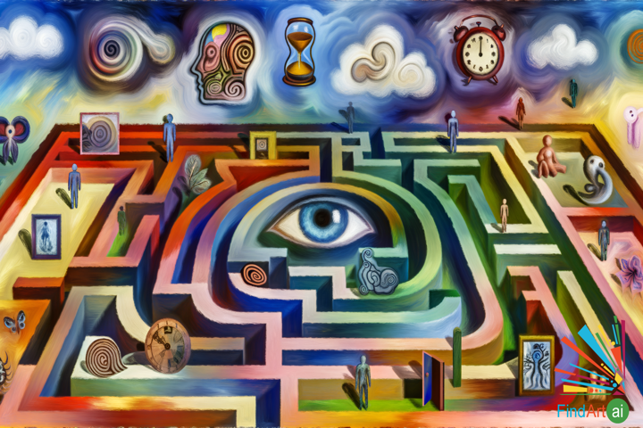 Surreal Painting: An Abstract Labyrinth of the Human Psyche with Clocks, Mirrors, and Doors
