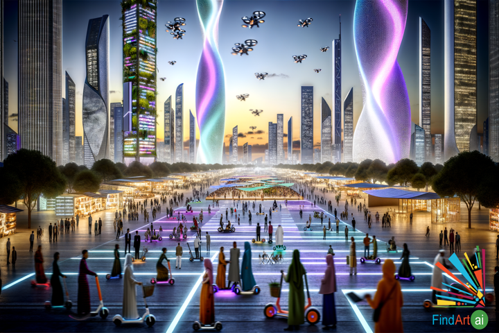 Futuristic City: Levitating Scooters, Digital Skyscrapers, and Nature-Tech Harmony