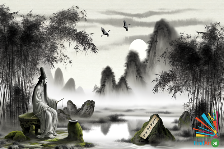 Tranquil Morning: A Scholar's Meditation in a Misty Valley Inspired by Chinese Ink Art