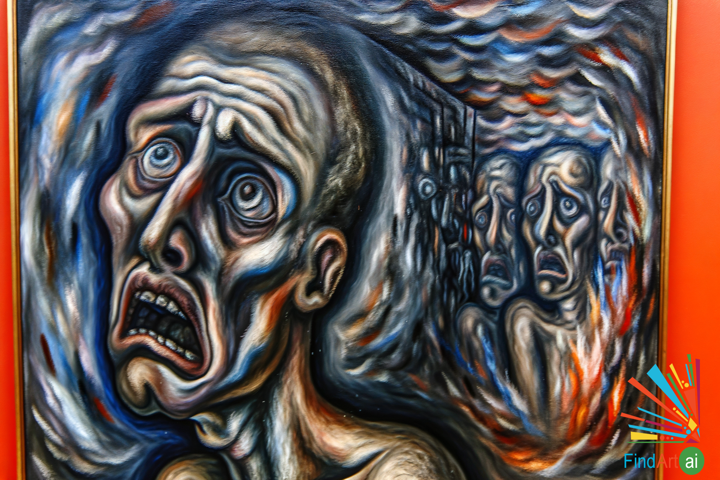 Expressionist Painting: A Distorted Figure Embodies Human Suffering Amidst Chaotic Surroundings