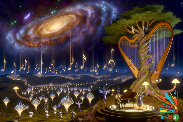Surreal Symphony: Galaxy's Melody with Mythical Creatures in a Cosmic Orchestra