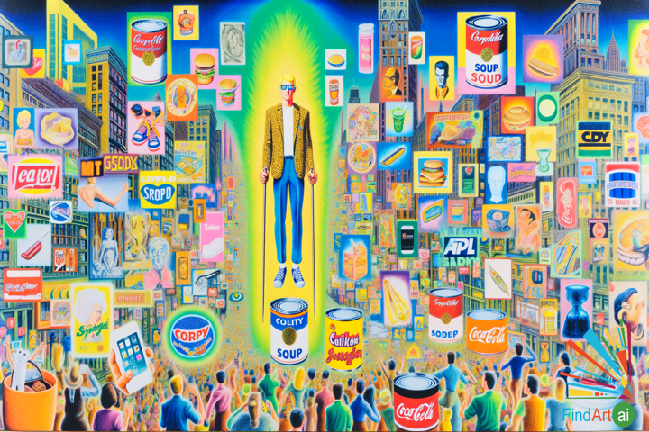Pop Art Painting: A Surreal Cityscape of Consumer Culture and Bold Colors