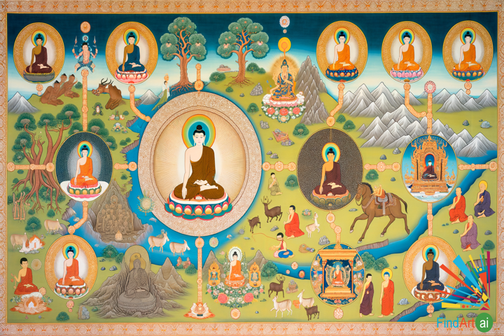Tibetan Thangka: Buddha's Life from Birth to Enlightenment in Vibrant Detail